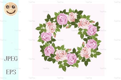 Vector wedding invitations with pink and beige roses wreath.