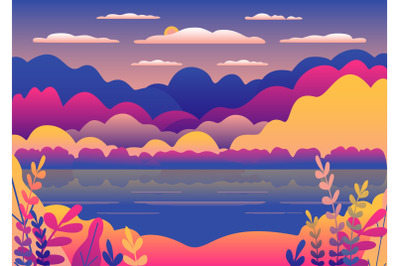 Hills and mountains landscape, lake in flat style design