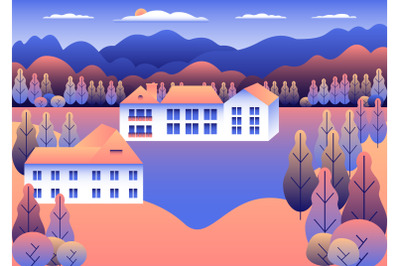 Rural or urban landscape outdoor. City or village in flat style design