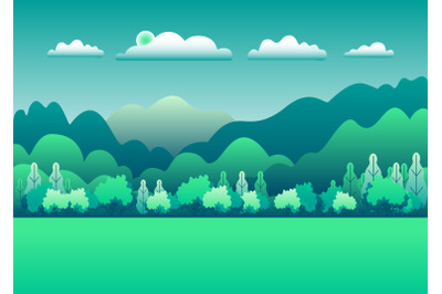 Hills and mountains landscape in flat style design. Beautiful green fi