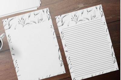 Simple Botanical Floral Stationery, Lined Digital Note Paper