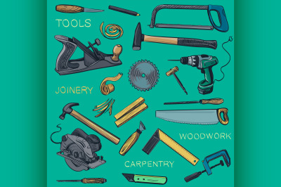 Collection of hand drawn Carpentry, woodworker, joinery icons