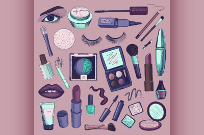 Hand drawn Beauty and makeup icons set