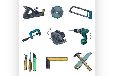 Woodworking industry and tools icons - vector icon set