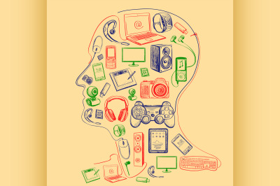 Electronic gadget colors icons in man head