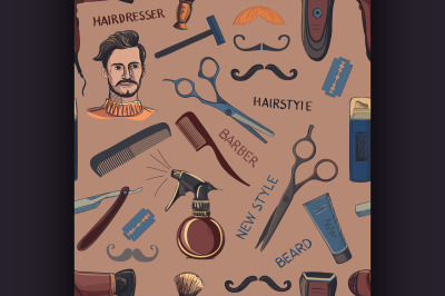 Hand drawn retro barbershop seamless pattern