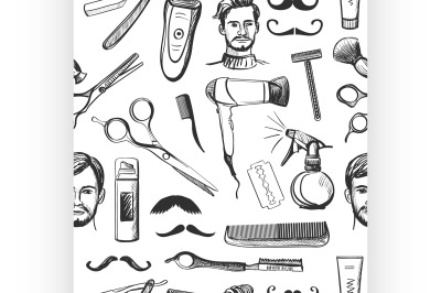 Hand drawn retro barbershop seamless pattern