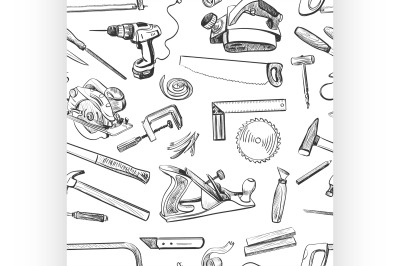 Vector seamless pattern with hand drawn common tools used by carpenter