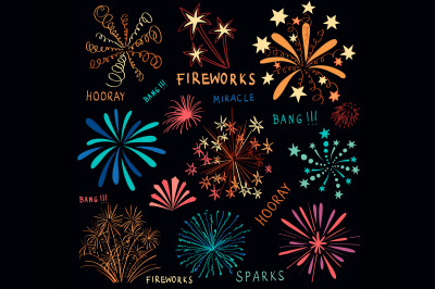 Hand drawn colorful fireworks set