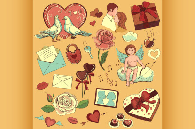 Valentines day hand-drawn symbols collection