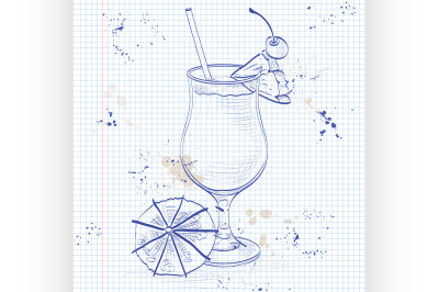 Cocktail Pina colada on a notebook page