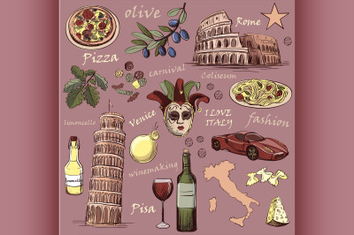 Set of Italy icons hand drawn