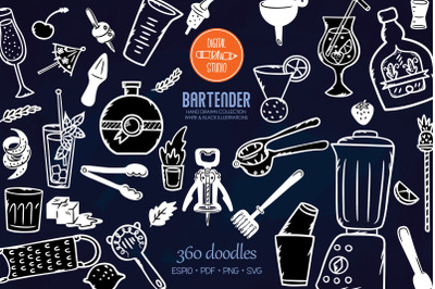White Bartender Doodles | Hand Drawn Bar tending tools | Glass Bottle