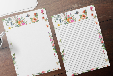 Floral Stationery, Flowers &amp; Butterflies Lined Digital Note Paper