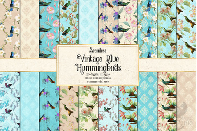 Vintage Blue Hummingbirds Digital Paper