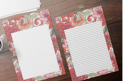 Floral Printable Stationery, Lined Digital Note Paper