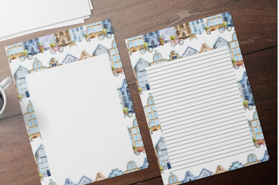 Watercolor Houses, Lined &amp; Unlined Digital Note Paper