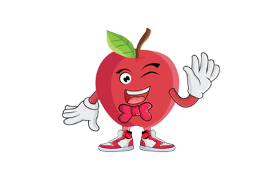 Apple Greeting Waving With Bowtie Fruit Cartoon Character