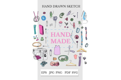 Sewing clipart. Hand drawn sewing items. Simple logo design.