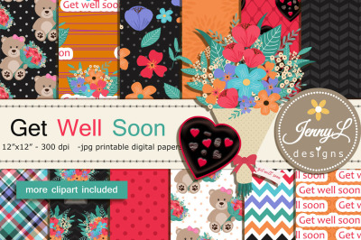 Get Well Soon Digital papers and Flower Bouquet Clipart