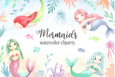 Watercolor Mermaids. Kids Cliparts and Pattern