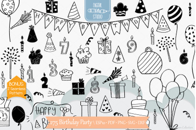 Birthday Party | Hand drawn Cakes, Candles, Balloons, Banner