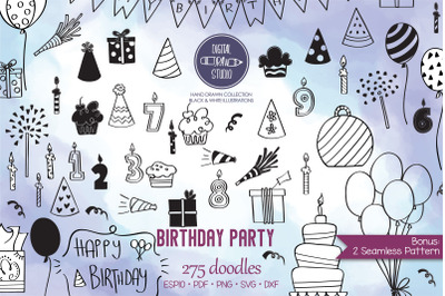Birthday Party | Hand drawn Cakes, Candles, Balloons, Banner