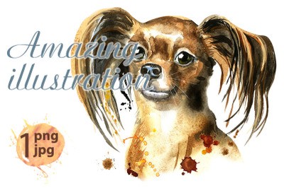 Watercolor portrait of long-haired toy terrier