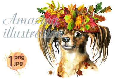 Watercolor portrait of long-haired toy terrier in a wreath of autumn l