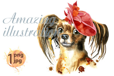 Watercolor portrait of long-haired toy terrier with red cap