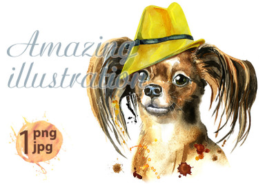 Watercolor portrait of long-haired toy terrier