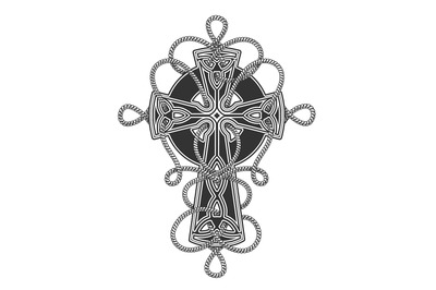Celtic Cross entwined by ropes Tattoo in engraving style. Vector illus