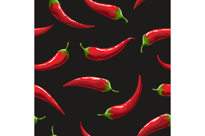 Seamless hand drawn pattern with hot chili pepper on black background.