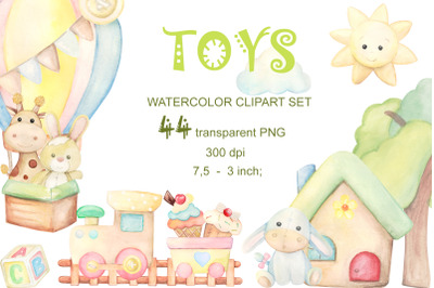 Baby toys watercolor clipart. For boys and girls, clip art decor with