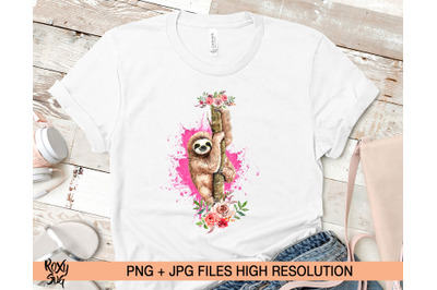 Sloth on tree with flowers, sublimation designs downloads, watercolor