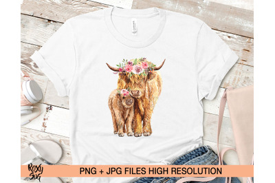 Cow and calf with flower crown, Watercolor highland cow