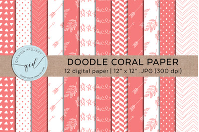 Coral Hand Drawn Digital Paper Pattern