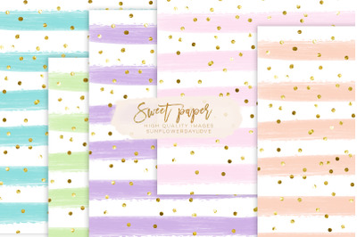 Pink Gold Stripes Digital Papers&2C; gold confetti paper