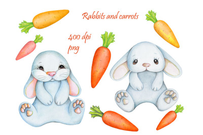 Rabbits and carrots. Watercolor.