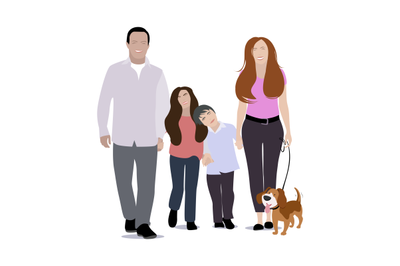 Happy family with dog walking