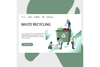 Waste recycling landing page, people pick up garbage and collect into