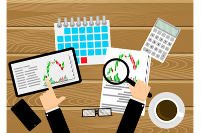 Trader work place, analyzing exchange chart candlestick