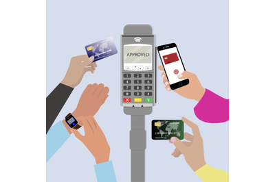 People pay pass terminal, smartphone, smartwatch and credit card