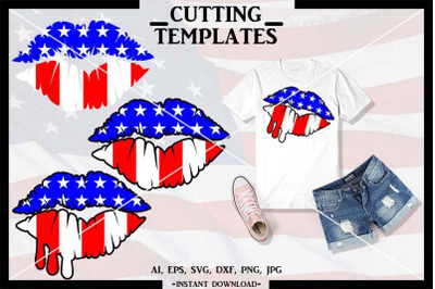 4th of July, American flag lips, Silhouette, Cameo, SVG, DXF