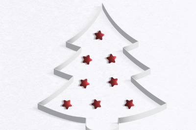 Christmas tree made of white paper with a red star. Vector illustration.