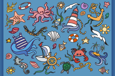 Doodle vector set of sea