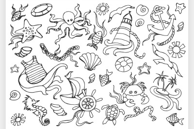 Doodle vector set of sea