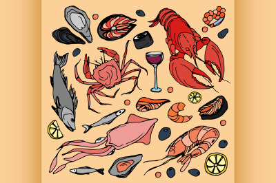 Doodle vector sea food