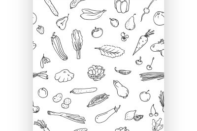 Seamless pattern Fruits and vegetables. Sketch set