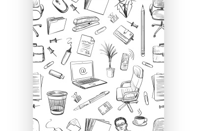 Pattern of creative hand drawn office workspace